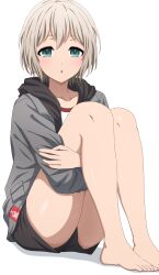 Rule 34 | 1girl, :o, absurdres, aoba moca, aqua eyes, bang dream!, bare legs, barefoot, black shorts, collarbone, commentary request, foot out of frame, grey hair, grey jacket, hands up, highres, hood, hood down, hooded jacket, hugging own legs, jacket, knees up, long sleeves, looking at viewer, noshimurin, open clothes, open jacket, parted lips, pocket, shadow, shirt, short hair, shorts, simple background, sitting, solo, white background, white shirt
