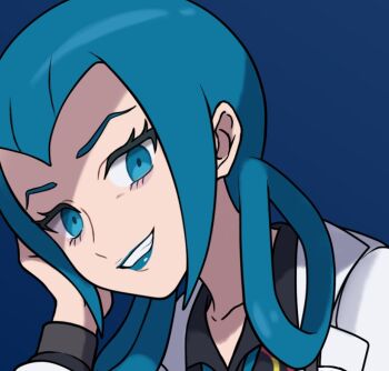 1girl asatsuki_(fgfff) blue_background blue_eyes blue_hair blue_lips commentary_request grin looking_at_viewer mable_(pokemon) nintendo pokemon pokemon_legends:_z-a portrait smile solo teeth