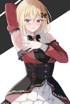 1girl absurdres arm_up armpits azakura_(beniyomogi) bang_dream! bang_dream!_it&#039;s_mygo!!!!! black_bow black_bowtie black_corset blonde_hair blush bow bowtie breasts brooch commentary_request corset detached_sleeves hair_between_eyes hair_bow highres jewelry long_sleeves looking_at_viewer medium_breasts medium_hair misumi_uika presenting_armpit purple_eyes solo spread_armpit sweatdrop wavy_mouth