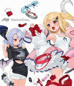 2girls :d alternate_costume black_tank_top blood blood_bag bloomers blue_hair blue_hat breasts character_print closed_mouth clothes_in_front collar commentary_request dress flandre_scarlet fuzzy_handcuffs gotoh_(nekocat) hat highres holding holding_shirt holding_unworn_clothes holding_unworn_dress long_hair maid_headdress mob_cap multiple_girls navel one_side_up open_mouth police_hat red_eyes remilia_scarlet shirt short_hair siblings single_handcuff sisters small_breasts smile spiked_collar spikes swimsuit syringe tank_top touhou trying_on_clothes underwear unworn_collar unworn_dress unworn_hat unworn_headwear unworn_shirt visor_cap white_background white_bloomers white_hat white_tank_top