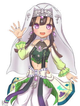 1girl arabian_clothes brown_hair dunyazad_(grimms_notes) grimms_notes hand_up highres sgr138 simple_background solo waving white_background