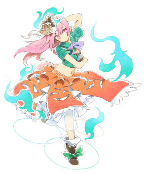 Rule 34 | 1girl, blue fire, bow, bowtie, brown shoes, commentary request, crop top, dancing, expressionless, fire, footwear bow, full body, green bow, green shirt, hata no kokoro, head tilt, highres, long hair, mask, mask on head, midriff, navel, noh mask, okina mask, orange skirt, petticoat, pink eyes, pink hair, plaid clothes, plaid shirt, purple bow, purple bowtie, shirt, shoes, short sleeves, sideways glance, skirt, skirt cutout, socks, solo, touhou, white background, white socks, ziro (daydozen)