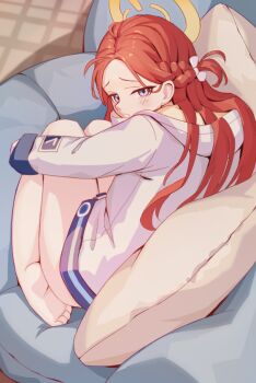 1girl :/ barefoot blue_archive blush bow braid closed_mouth commentary couch cushion eyes_visible_through_hair fantasyismyname forehead furrowed_brow hair_bow halo hood hood_down hooded_jacket hugging_own_legs jacket knees_up long_hair long_sleeves looking_at_viewer no_pants on_couch one_side_up purple_eyes red_hair soles solo toes white_bow white_jacket yellow_halo yuzu_(blue_archive)