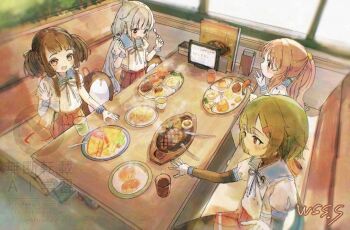 Rule 34 | 4girls, blue sailor collar, brown hair, commentary request, drink, gloves, green hair, grey hair, hamburger steak, kantai collection, kurahashi (kancolle), layered sleeves, long hair, long sleeves, low ponytail, low twintails, mikura (kancolle), multiple girls, noumi (kancolle), ponytail, red skirt, sailor collar, school uniform, serafuku, short over long sleeves, short sleeves, skirt, table, twintails, white gloves, wss (nicoseiga19993411), yashiro (kancolle)