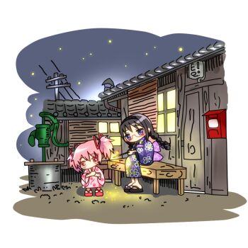 10s 2girls akemi_homura bad_id bad_pixiv_id bench black_hair blue_eyes braid fireworks flip-flops glasses hair_ribbon hairband hand_pump japanese_clothes kaname_madoka kimono long_hair mahou_shoujo_madoka_magica mahou_shoujo_madoka_magica_(anime) mailbox multiple_girls night pink_eyes pink_hair pump red-framed_eyewear ribbon sandals short_hair sparkler transparent_background twin_braids twintails water_pump yuiyuimoe