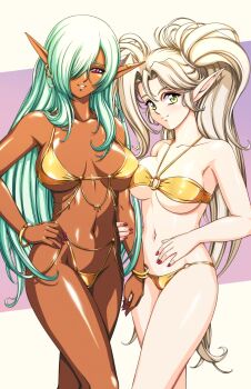 1990s_(style) 2girls asymmetrical_docking bare_shoulders bikini blonde_hair bracelet breast_press breasts breasts_apart closed_mouth collarbone dark-skinned_female dark_elf dark_skin elf gold_bikini green_eyes green_hair hair_over_one_eye hand_on_another&#039;s_arm hand_on_own_hip highres jewelry long_hair looking_at_viewer multiple_girls navel o-ring o-ring_bikini original parted_lips pointy_ears ponytail red_eyes red_nails retro_artstyle shiny_clothes shiny_skin sirknightbot smile swimsuit