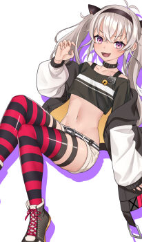Rule 34 | 1girl, animal ears, antenna hair, black collar, black headband, black jacket, black shirt, black shoes, black thighhighs, cat ears, collar, commentary request, cropped shirt, dark-skinned female, dark skin, fake animal ears, grey hair, grey shorts, headband, highres, jacket, kedama (kedamat6u), long hair, looking at viewer, matsukai mao, matsukai mao (1st costume), nijisanji, purple eyes, red thighhighs, shirt, shoes, shorts, smile, solo, spiked collar, spikes, striped clothes, striped thighhighs, thighhighs, two side up, virtual youtuber