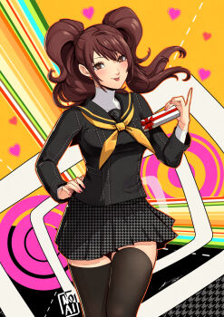 ascot black_thighhighs blush box breasts brown_hair eightyfourart gift gift_box hand_on_own_hip highres holding holding_gift houndstooth kujikawa_rise medium_breasts persona persona_4 revision school_uniform thighhighs tongue tongue_out twintails yasogami_school_uniform yellow_ascot zettai_ryouiki