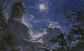 1boy absurdres baldur&#039;s_gate baldur&#039;s_gate_3 blurry blurry_foreground brown_hair cloud cloudy_sky completely_nude creamyghost elf facial_tattoo facing_away feet_out_of_frame from_side full_moon halsin highres holding holding_smoking_pipe in_tree knee_up leaf male_focus mature_male medium_hair moon muscular muscular_male night nude outdoors pointy_ears realistic sitting sitting_on_branch sky smoke smoking_pipe solo tattoo tree