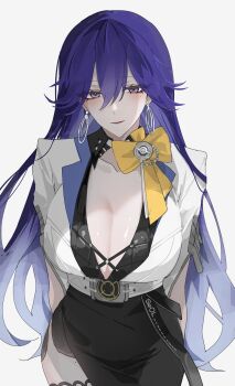 1girl absurdres black_dress breasts cleavage closed_mouth commentary cowboy_shot dress earrings grey_background hair_between_eyes hashtag-only_commentary highres hoop_earrings jacket jewelry large_breasts long_hair looking_at_viewer lucilla_(wuthering_waves) mole mole_under_eye no_headwear purple_eyes seol_(baconontheclock) simple_background smile solo very_long_hair white_jacket wuthering_waves