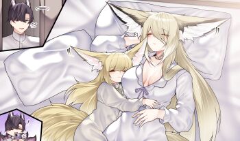 1boy 2girls absurdres animal_ears arknights blonde_hair breasts closed_eyes commentary_request family fox_boy fox_ears fox_girl fox_tail highres large_breasts long_hair mother_and_daughter multiple_girls pillow samip suzuran&#039;s_father_(arknights) suzuran_(arknights) tail vulpisfoglia_(arknights)