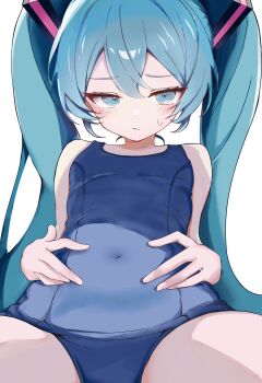 1girl aqua_eyes aqua_hair arms_at_sides bare_arms bare_shoulders blue_one-piece_swimsuit blush breasts closed_mouth collarbone commentary_request covered_navel cowboy_shot embarrassed flat_chest hair_between_eyes hair_ornament hands_on_own_stomach hatsune_miku highres long_hair looking_at_viewer one-piece_swimsuit revision samowasa school_swimsuit sidelocks simple_background sleeveless small_breasts solo sweat swimsuit thighs twintails very_long_hair vocaloid white_background