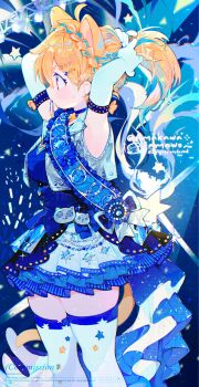 1girl adjusting_hair ahoge amakawa_tamawo animal_ears arms_up bare_shoulders blonde_hair blue_background blue_dress braid cat_ears cat_girl commentary commission crown_braid dress elbow_gloves from_side gloves hair_tie highres hinatane_menma holding holding_hair_tie idol indie_virtual_youtuber jewelry mouth_hold ponytail profile skeb_commission sleeveless sleeveless_dress solo standing symbol-only_commentary thighhighs virtual_youtuber white_gloves white_thighhighs