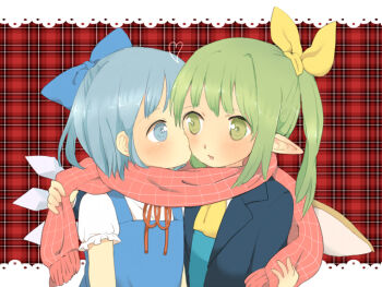 2girls ascot bad_id bad_pixiv_id blue_eyes blue_hair blush bow cirno daiyousei green_eyes green_hair hair_bow heart ice ice_wings kiss multiple_girls nazochoco plaid_background plaid_clothes plaid_scarf pointy_ears red_scarf ribbon scarf shared_clothes shared_scarf sharing short_hair side_ponytail touhou upper_body wings yuri