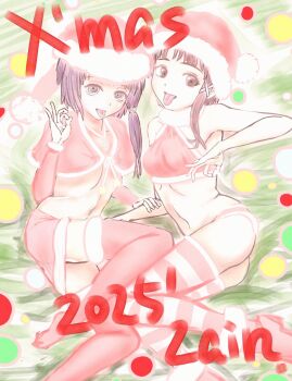 2025 alternate_costume artist_request brown_eyes christmas hat iwakura_lain ok_sign santa_hat serial_experiments_lain tagme thighhighs tongue tongue_out