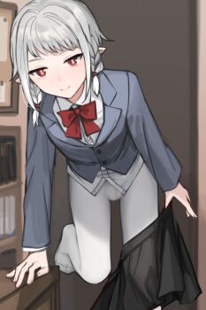 1boy barefoot black_skirt bow bowtie braid bright_pupils bulge closed_mouth clothes_lift collared_shirt commentary crossdressing crossdressing_(mtf) dot_nose elf elf_boy_(sunaba_(nczd5875)) foot_out_of_frame grey_hair grey_vest hand_on_table indoors leaning_forward long_sleeves looking_at_viewer male_focus medium_hair original pantyhose pleated_skirt pointy_ears red_bow red_bowtie red_eyes shirt side_braids sidelocks skirt skirt_lift smile solo standing standing_on_one_leg sunaba_(nczd5875) trap vest white_pantyhose white_pupils white_shirt