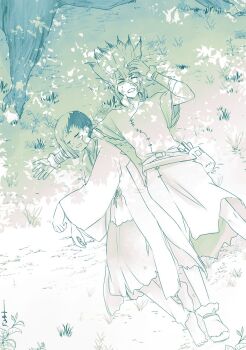 2boys aaa_uuun asagiri_gen bandages barefoot closed_eyes dr._stone from_above grass green_theme highres ishigami_senkuu japanese_clothes lying male_focus monochrome multicolored_hair multiple_boys on_back on_grass on_ground open_mouth outdoors pointy_ears robe short_hair sleeping spiked_hair tree tree_shade two-tone_hair under_tree