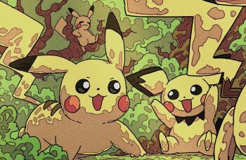 animal_focus closed_eyes closed_mouth gen_1_pokemon gen_2_pokemon nintendo no_humans on_tree onamuzi_illust open_mouth outdoors pichu pikachu pokemon pokemon_(creature) pokemon_focus smile tail tree