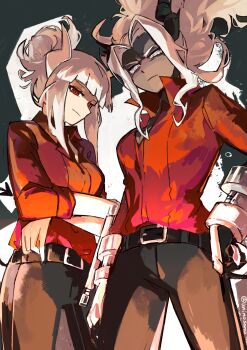 2girls absurdres collared_shirt dark-skinned_female dark_skin demon_girl demon_horns demon_tail helltaker highres horns long_hair looking_at_viewer lucifer_(helltaker) multiple_girls raised_eyebrows red_eyes red_shirt serious shirt tail uninosono white_hair