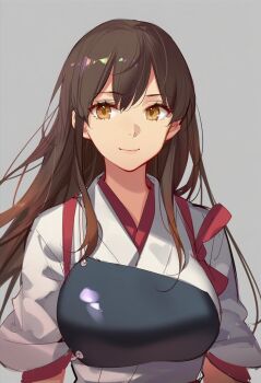 Rule 34 | 1girl, akagi (kancolle), black hair, brown eyes, grey background, highres, japanese clothes, kantai collection, kimono, kisaragi shokuin, long hair, looking at viewer, muneate, smile, solo, tasuki, upper body, white kimono