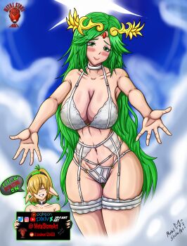 1girl bare_shoulders bra breasts cleavage collarbone curvy deviantart_logo deviantart_username female_focus green_eyes green_hair instagram_username kid_icarus kid_icarus_uprising large_breasts laurel_crown lingerie long_hair matching_hair/eyes metalstoneart nintendo palutena panties pixiv_logo pixiv_username reddit_logo reddit_username solo thick_thighs thighs twitter_username twitter_x_logo underwear very_long_hair white_bra white_lingere white_panties wide_hips youtube_logo youtube_username
