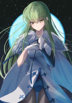 1girl absurdres black_pantyhose blue_leotard blue_moon blue_ribbon blue_sleeves blush breasts budgiepon c.c. clenched_hand closed_mouth code_geass commentary cosplay cowboy_shot cross cross_print detached_sleeves dress frown full_moon fur-trimmed_dress fur_trim gloves gluteal_fold green_hair hair_between_eyes hair_spread_out head_tilt highres large_breasts leotard light_particles long_hair looking_at_viewer moon night nose own_hands_together pantyhose playing_with_own_hair ribbon sidelocks single_detached_sleeve sky solo standing star_(sky) starry_sky straight-on straight_hair thigh_gap very_long_hair vivy vivy:_fluorite_eye's_song vivy_(cosplay) white_dress white_gloves yellow_eyes