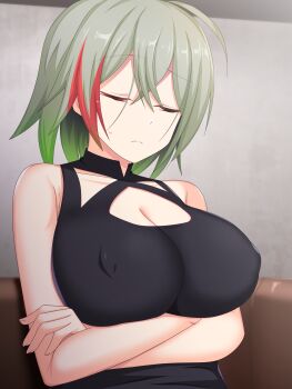 1girl black_shirt breasts diabellstar_the_black_witch green_hair highres large_breasts large_variant_set multicolored_hair paradox_1818 puffy_nipples red_hair shirt sleeping sleeveless solo variant_set yu-gi-oh!