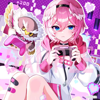 1girl bandaid bandaid_on_knee bandaid_on_leg black_choker black_hairband blue_eyes choker closed_mouth commentary_request controller copyright_name double-parted_bangs drawstring frown game_controller ganmo_(takane_lui) goroo_(eneosu) hair_between_eyes hairband head_wings highres holding holding_controller holding_game_controller hololive hood hooded_jacket jacket knees_up long_sleeves looking_at_viewer official_art pink_hair pink_wings puffy_long_sleeves puffy_sleeves short_hair sitting solo takane_lui v-shaped_eyebrows virtual_youtuber wings