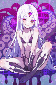 1girl abigail_williams_(fate) alternate_breast_size_(smaller) alternate_costume bare_shoulders barefoot bikini black_bikini breasts collarbone commentary_request corruption crossed_legs eldritch_abomination extra_eyes fate/grand_order fate_(series) gradient_background hanagata_kai long_hair possessed possession red_eyes sitting small_breasts smile solo sparkle_background swimsuit tentacles white_hair yog-sothoth