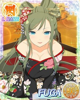 1girl black_kimono blue_eyes border bowing breasts card_(medium) character_name cleavage closed_mouth datehyogo english_text floral_print floral_print_kimono folding_screen fuga_(senran_kagura) game_cg green_hair hair_ornament japanese_clothes kanzashi kimono large_breasts leaning_forward long_hair low_neckline mole mole_under_eye official_alternate_costume official_alternate_hairstyle official_art print_kimono red_lips seiza senran_kagura senran_kagura_new_wave sitting smile solo swept_bangs