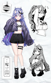 1girl alternate_costume armpits artist_name black_choker black_hair black_shoes black_shorts blush breasts choker closed_mouth clothes_writing commentary_request crop_top cropped_jacket cross-laced_clothes cross-laced_sleeves dot_nose full_body grid_background hair_between_eyes hair_tie_in_mouth hand_up hikimayu horns jacket kokutan_kiseru long_bangs long_hair looking_at_viewer midriff mole mole_on_thigh mole_under_mouth mouth_hold multicolored_hair multiple_thigh_straps multiple_views nijisanji notice_lines open_clothes open_jacket paper_background partially_colored platform_shoes pointy_ears purple_eyes purple_hair purple_jacket rindou_mikoto shoes shorts skin-covered_horns sleeves_past_fingers sleeves_past_wrists small_breasts smile socks squatting standing streaked_hair tank_top thigh_gap thigh_strap twitter_username tying_hair v very_long_hair virtual_youtuber white_background white_socks white_tank_top