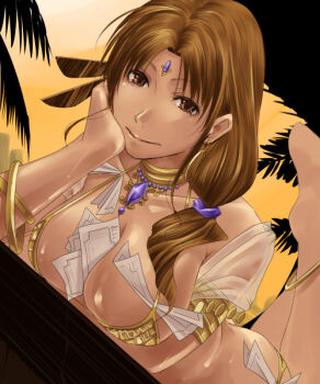 1girl anklet armlet bikini bindi breasts brown_eyes brown_hair choker dancer dancer_(ragnarok_online) dark-skinned_female dark_skin female_focus jewelry looking_at_viewer lots_of_jewelry medium_breasts money mr.romance palm_tree ragnarok_online reclining solo sweat swimsuit tree tucked_money