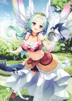 1girl absurdres animal armlet bindi bird blue_sky breasts bridal_gauntlets cleavage cloud cloudy_sky collar copyright_name day feathered_wings feathers female_focus gloves green_hair highres jewelry large_breasts long_hair open_mouth outdoors parted_bangs purple_eyes scan senji_(tegone_spike) single_glove sky solo sparkle stomach thighhighs tiara white_thighhighs wings