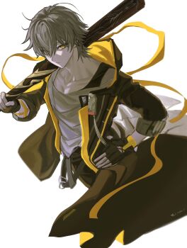 1boy arm_ribbon artist_name baseball_bat black_coat black_gloves black_pants caelus_(honkai:_star_rail) closed_mouth coat collarbone commentary_request cowboy_shot fingerless_gloves floating_clothes gloves grey_hair hair_between_eyes hand_on_own_hip hand_up highres holding holding_baseball_bat honkai:_star_rail honkai_(series) hood hooded_coat i_iruka_i lapels long_sleeves looking_at_viewer male_focus open_clothes open_coat pants ribbon shirt short_hair simple_background solo standing t-shirt tassel trailblazer_(honkai:_star_rail) two-sided_coat two-sided_fabric white_background white_shirt yellow_coat yellow_eyes