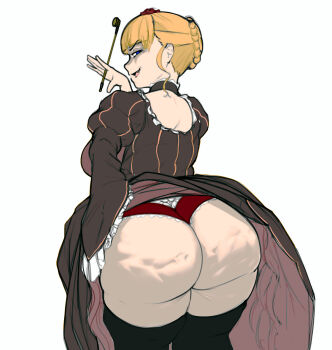 1boy 1girl ass beatrice_(umineko) blonde_hair blue_eyes breasts cellulite dress highres huge_ass large_breasts long_dress massgrave_art panties plump smug solo thick_thighs thighs umineko_no_naku_koro_ni underwear witch