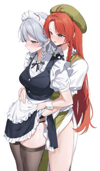 2girls absurdres apron beret black_dress blush bow braid breasts brown_thighhighs closed_mouth collared_shirt commentary dress frilled_dress frills green_bow green_hat green_skirt green_vest grey_hair hair_bow hand_under_clothes hat hat_ornament highres hong_meiling hug hug_from_behind izayoi_sakuya large_breasts long_hair maid maid_headdress medium_breasts multiple_girls open_mouth petticoat puffy_short_sleeves puffy_sleeves red_hair sarukana shirt short_dress short_sleeves side_slit simple_background skirt smile star_(symbol) star_hat_ornament sweatdrop thick_thighs thighhighs thighs touhou twin_braids very_long_hair vest waist_apron white_background white_shirt wrist_cuffs yuri
