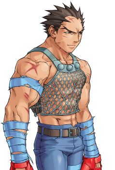 1boy absurdres belt blue_pants burning_batsu cowboy_shot edaki_shin&#039;ya fingerless_gloves game_cg gloves highres ichimonji_batsu justice_gakuen light_smile male_focus mesh moero!_justice_gakuen multicolored_hair non-web_source official_art pants red_gloves scar scar_on_arm scar_on_face scar_on_forehead scar_on_shoulder simple_background sleeveless solo veins veiny_arms veiny_hands white_background