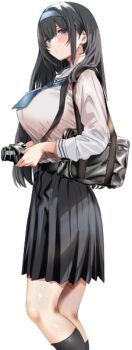 1girl aoki_hiro bag black_hair black_skirt blue_eyes blue_hairband blush breasts camera commentary_request hair_between_eyes hairband highres holding holding_camera large_breasts long_hair looking_at_viewer original parted_lips sailor_collar school_bag school_uniform shirt shirt_tucked_in sidelocks simple_background skirt solo white_background white_sailor_collar white_shirt