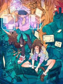 1boy 1girl aqua_skirt aqua_sweater armchair artist_logo bird black_pants book book_stack bottle bow breasts brown_hair brown_shoes cable can cd cd_case cellphone chair cleavage clothes_around_waist commentary computer computer_keyboard computer_tower crop_top dated drink_can floppy_disk glowing_lines hair_bow head-mounted_display high_collar highres holographic_interface holographic_touchscreen hunched_over indoors jacket kiwi_(bird) laptop logo long_hair looking_at_screen looking_down monitor multicolored_jacket multiple_monitors musical_note on_floor orange_bow original pants parted_lips phone pink_hair pink_shirt pleated_skirt shirt shoes short_hair simz sitting skirt smartphone socks soda_can spiked_hair standing sweater sweater_around_waist table typing unbuttoned unbuttoned_shirt water_bottle white_shirt white_shoes white_socks windows_logo yellow_shirt