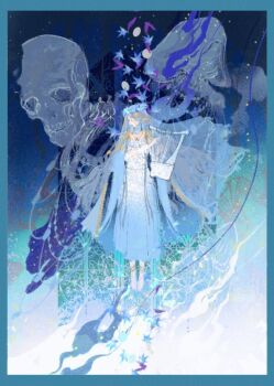 1girl abstract_background anklet barefoot blue_border blue_cape blue_theme blue_veil border braid cape doll_joints dress elden_ring elden_ring_nightreign fire floating flower_wreath full_body gold_anklet gold_trim grey_hair hashtag-only_commentary head_wreath holding holding_instrument holding_lyre instrument jewelry joints long_hair long_sleeves looking_to_the_side low_twin_braids lyre revenant_(elden_ring) skeleton sososos78534150 spirit twin_braids veil white_dress