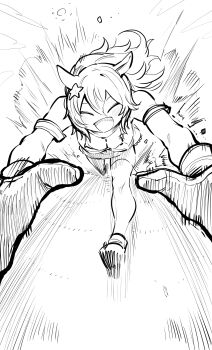 1girl absurdres animal_ears badge bare_shoulders dust_cloud facing_viewer gloves greyscale highres horse_ears horse_girl monochrome motion_lines niwarhythm running solo speed_lines star_(symbol) tagme taiki_shuttle_(umamusume) taiki_shuttle_(wild_frontier)_(umamusume) umamusume white_background