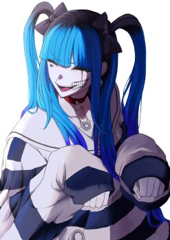 1girl ^_^ amemiya_darumi black_bow black_hair blue_hair bow closed_eyes collar commentary ear_piercing facial_mark hair_bow heart heart_facial_mark highres long_hair makeup multicolored_hair paw_pose piercing red_collar roots_(hair) safety_pin sailor_collar shirt sleeves_past_wrists smile solo striped_clothes striped_shirt the_hundred_line_-last_defense_academy- twintails user_vgtu3873 white_background white_sailor_collar