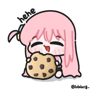 Rule 34 | 1girl, :d, bocchi the rock!, chibi, chibi only, closed eyes, cookie, eating, facing viewer, food, food on face, full body, gotoh hitori, hair ornament, happy, highres, holding, holding cookie, holding food, jacket, long hair, lulalang, milk, one side up, open mouth, pink hair, pink jacket, simple background, smile, solo, white background