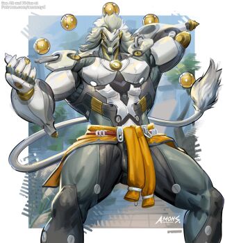 1boy amonsyd banyue_(zenless_zone_zero) bara claws clothes_around_waist commentary english_commentary grey_hair highres long_hair looking_at_viewer male_focus multicolored_hair muscular muscular_male orb robot_boy signature tail testicle_peek testicles white_hair zenless_zone_zero
