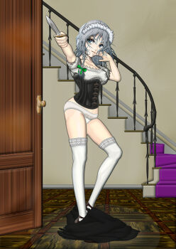 Rule 34 | 1girl, black corset, black skirt, blue eyes, bow, braid, breasts, commentary request, corset, d'orsay heels, door, frills, green bow, grey hair, hair bow, hand on own cheek, hand on own face, high heels, holding, holding knife, izayoi sakuya, kams, knife, lace, lace-trimmed panties, lace-trimmed thighhighs, lace trim, looking at viewer, maid, maid headdress, medium breasts, outstretched arm, panties, pointing, pointing at viewer, short sleeves, skirt, stairs, stiletto heels, thighhighs, touhou, twin braids, underwear, unworn skirt, white panties, white thighhighs