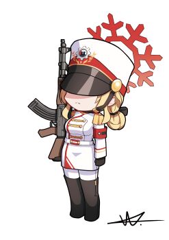 1girl absurdres ak-47 armband assault_rifle black_boots black_gloves blonde_hair blue_archive boots chibi closed_mouth commentary english_commentary full_body fur_hat gloves gun hair_bun halo hat highres holding holding_gun holding_weapon jacket kalashnikov_rifle long_sleeves pantyhose red_winter_guard_(blue_archive) rifle shuni_valentine signature simple_background skirt snowflakes solo standing thigh_boots weapon white_background white_hat white_jacket white_pantyhose white_skirt