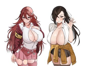 2girls absurdres adapted_costume alternate_costume armband breasts brown_eyes brown_hair cleavage commission cordelia_(fire_emblem) earrings fire_emblem fire_emblem_fates garter_straps grin hand_on_own_chest highres huge_breasts jewelry kagero_(fire_emblem) large_breasts long_hair multiple_girls nintendo partially_unbuttoned ponytail red_eyes red_hair school_uniform skindentation smile thick_thighs thighs unbuttoned unbuttoned_shirt very_long_hair waving_arms white_background zuyu_(zuyuzuyu6)