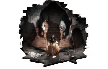 Rule 34 | ahu (to be hero x), animal, animal focus, black hat, brick wall, bullet, closed mouth, clothed animal, commentary, different shadow, dog, english commentary, fedora, graffiti, gun, hat, highres, looking at viewer, necktie, no humans, official art, paper, pink necktie, plank, shadow, shar pei, to be hero, to be hero x, transparent background, weapon