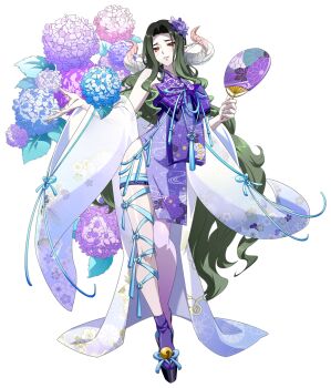 1girl asymmetrical_legwear bare_shoulders big_hair black_sandals blue_flower blue_leaf chest_ribbon colored_skin contrapposto crossed_legs curtained_hair curved_horns demon demon_girl demon_horns detached_sleeves dress festival floral_print flower footwear_bell full_body game_cg gradient_horns green_hair hair_flower hair_ornament hand_fan highleg highleg_dress highres holding holding_fan horns hydrangea hydrangea_hair_ornament hydrangea_print japanese_clothes kimono langrisser langrisser_mobile langrisser_re:incarnation leaf leg_ribbon leg_wrap long_hair long_sidelocks looking_at_viewer multicolored_horns official_alternate_costume official_art outstretched_hand paper_fan parted_bangs parted_lips patsyr_(langrisser) pelvic_curtain pink_flower pink_thighhighs platform_sandals pointy_ears puffy_sleeves purple_dress purple_flower purple_ribbon purple_socks red_eyes ribbon sandals second-party_source see-through_clothes see-through_sleeves sidelocks simple_background single_sock single_thighhigh smile socks solo standing tachi-e tassel thigh_strap thighhighs transparent_background uchiwa very_long_hair walking white_horns white_skin yukata