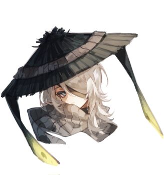 1girl black_hat blue_eyes chinese_commentary closed_mouth commentary_request faust_(project_moon) grey_scarf hat heishou_pack-mao_branch_(identity)_(project_moon) highres limbus_company looking_at_viewer one_eye_covered project_moon scarf simple_background solo upper_body white_background white_hair yuemiao